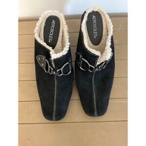 Aerosoles W Sz 7.5 B Mule Cinchshearly Clog Black Leather Suede  Studs Sherpa